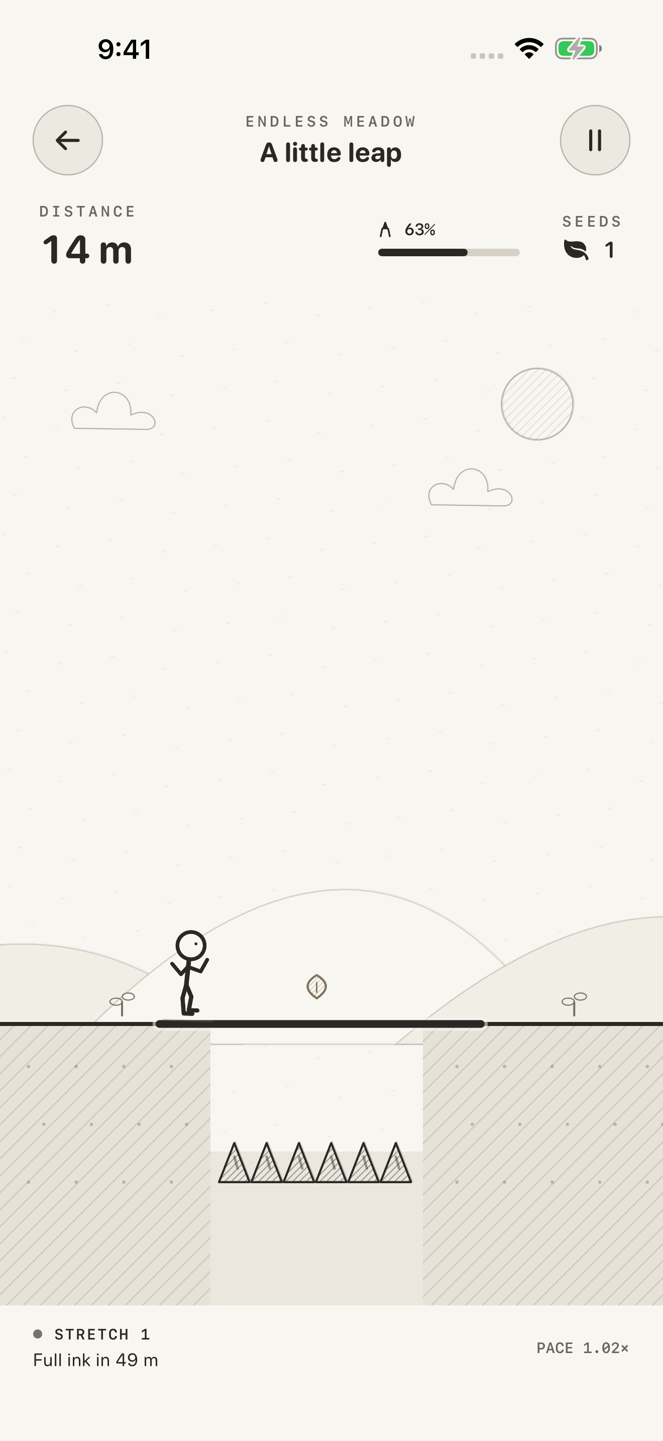 Actual gameplay: stick-figure Milo crosses a pencil bridge over hatched spikes, with distance and ink displayed above.