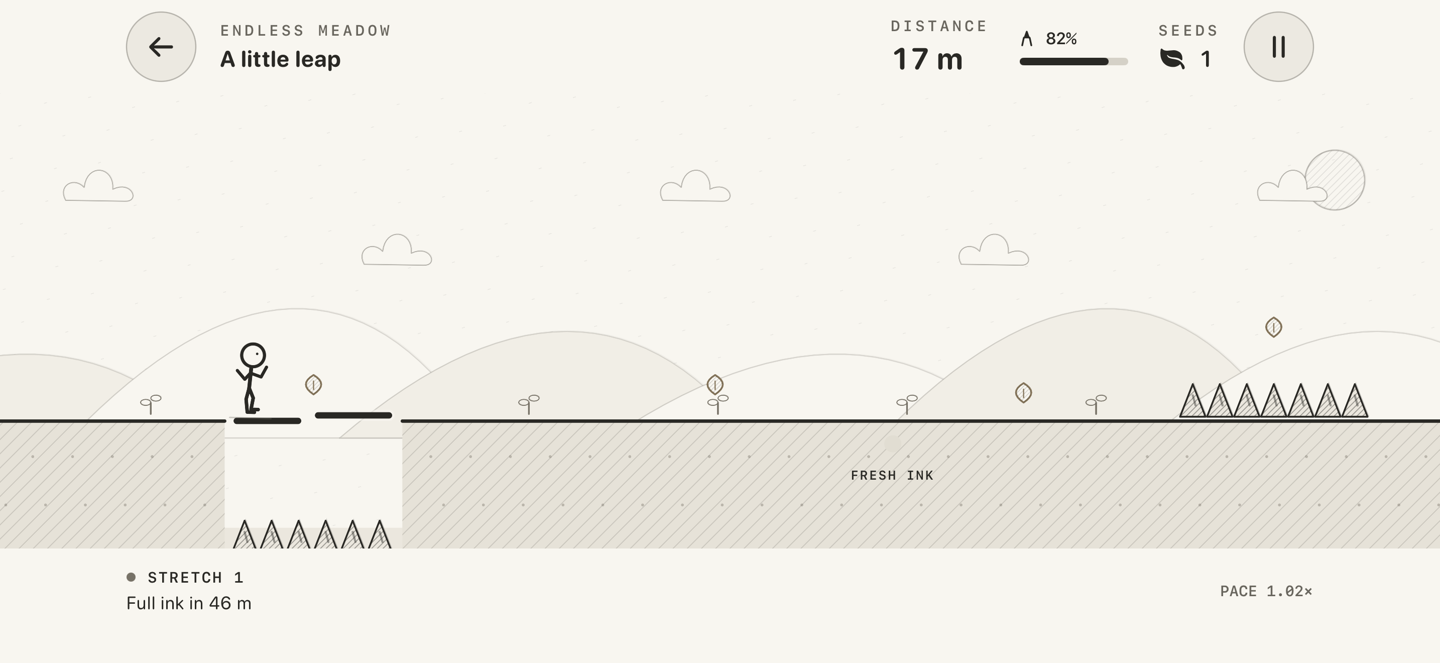 Actual landscape gameplay, with a wide pencil meadow, a stick figure, and a bridge across the first ravine.